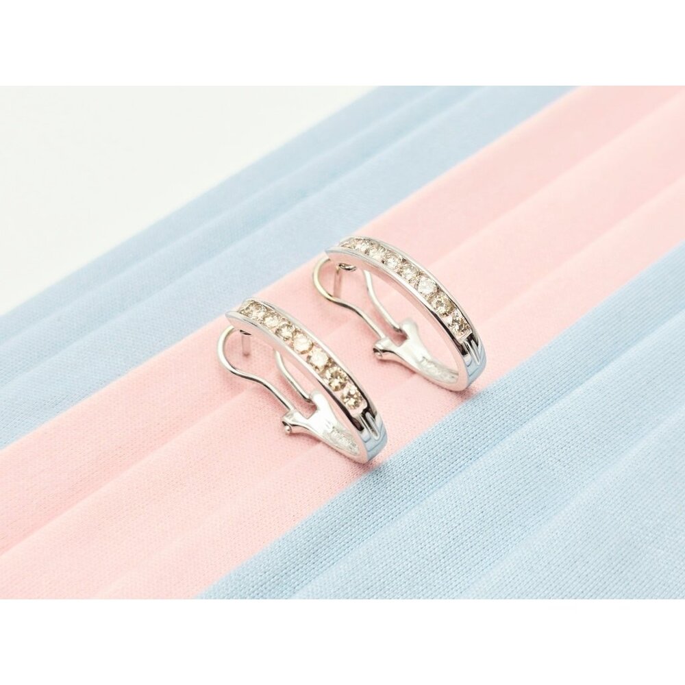 Beautiful 14K Solid White Gold Round Cut Diamond French Clip Half Hoop Earrings